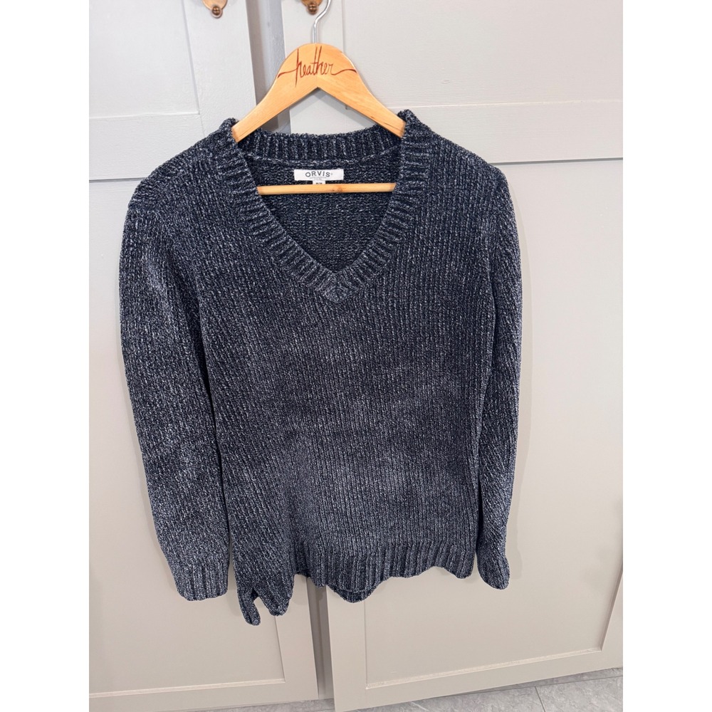 Orvis Classic Collection Womens Navy Blue Marled Chenille V-Neck Sweater Size M‎